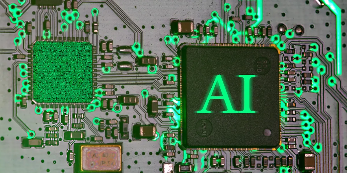 Puce électronique lumineuse symbolisant l'intelligence artificielle sur un circuit imprimé